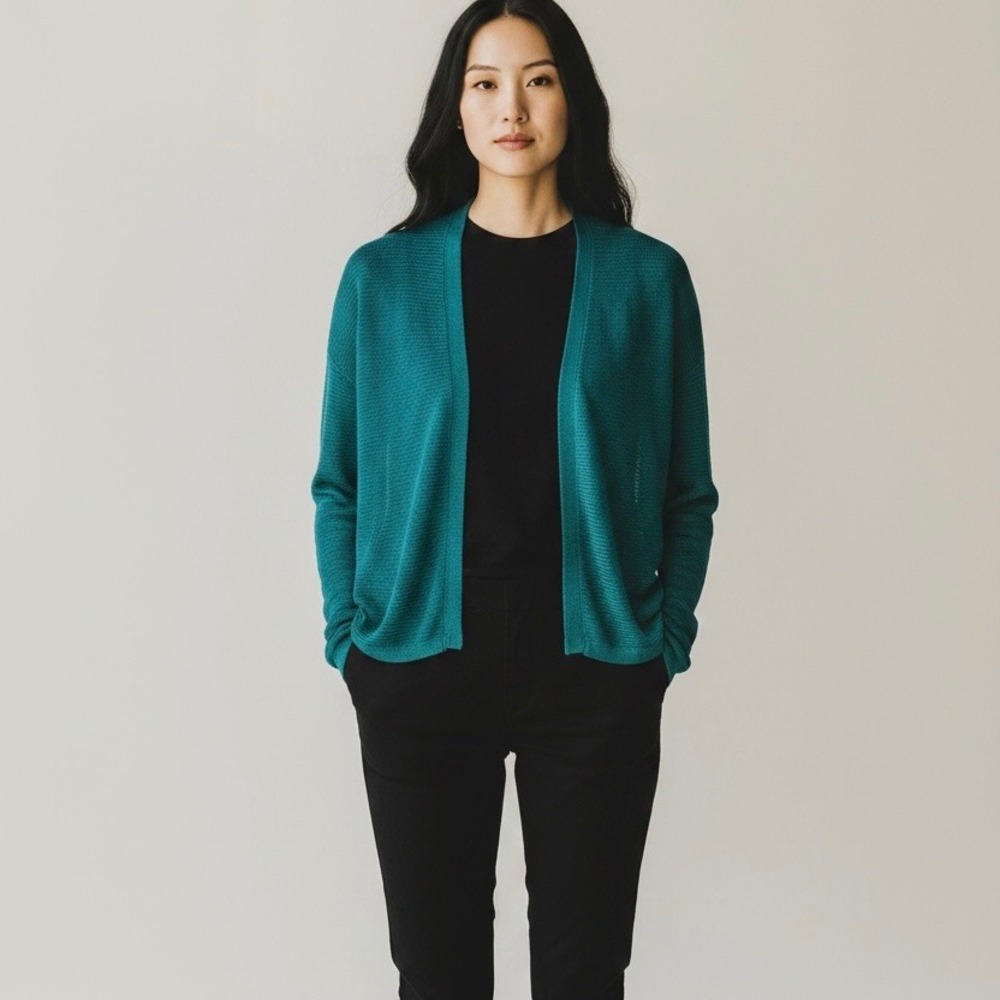 Eileen Fisher Teal Open-Front Knit Cardigan